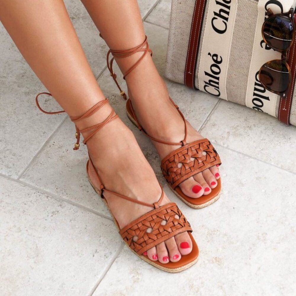 TORY BURCH basketweave espadrille lace up aged camello tan leather sandal 8